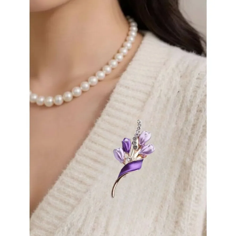 NWT Brooch Tulips Purple & Lavender Enamel Petal Imitation Pearl & Rhinestone